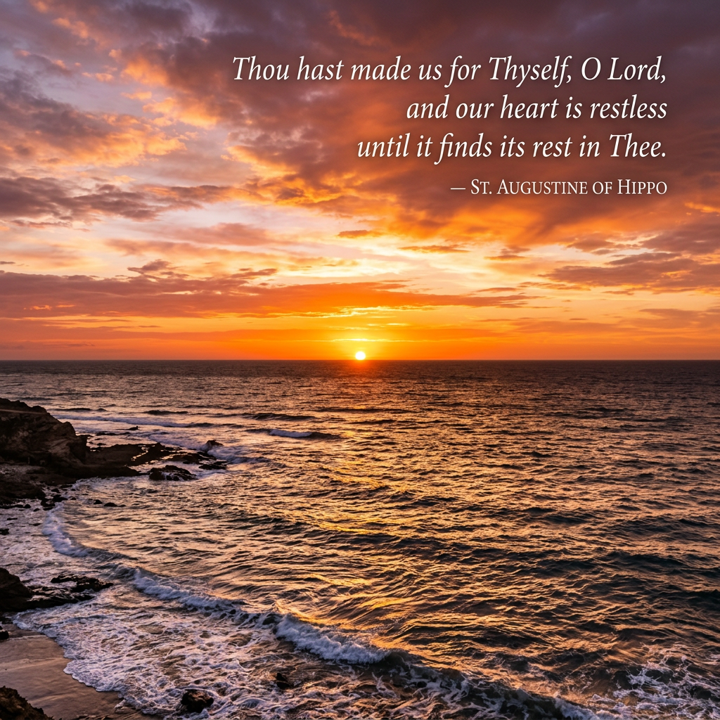 Boundless ocean sunset with Augustine quote