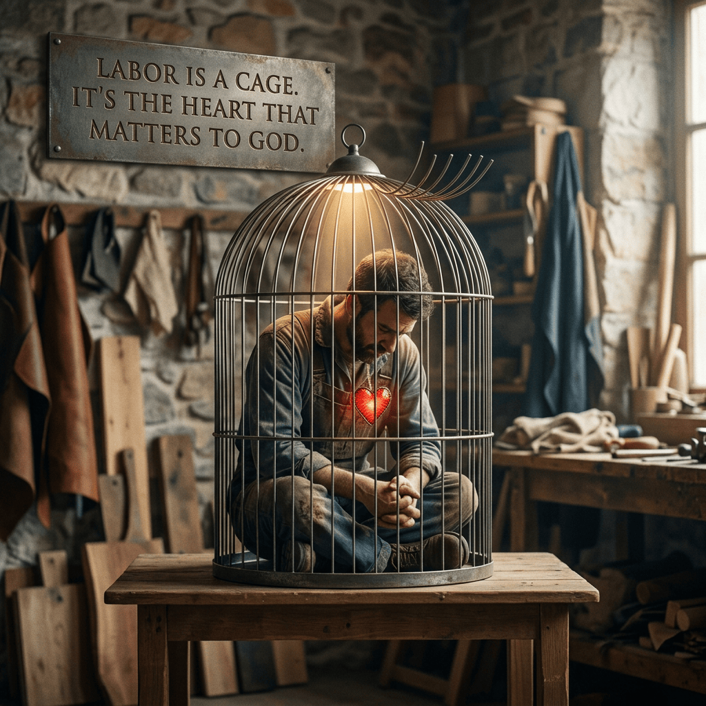 Craftsman inside birdcage with glowing heart and sign reading “LABOR IS A CAGE. IT’S THE HEART THAT MATTERS TO GOD.”