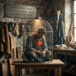 Craftsman inside birdcage with glowing heart and sign reading “LABOR IS A CAGE. IT’S THE HEART THAT MATTERS TO GOD.”